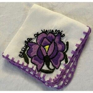 Handkerchief Pocket Square Vintage‎ 90s Handmade Embroidered Floral White Purple